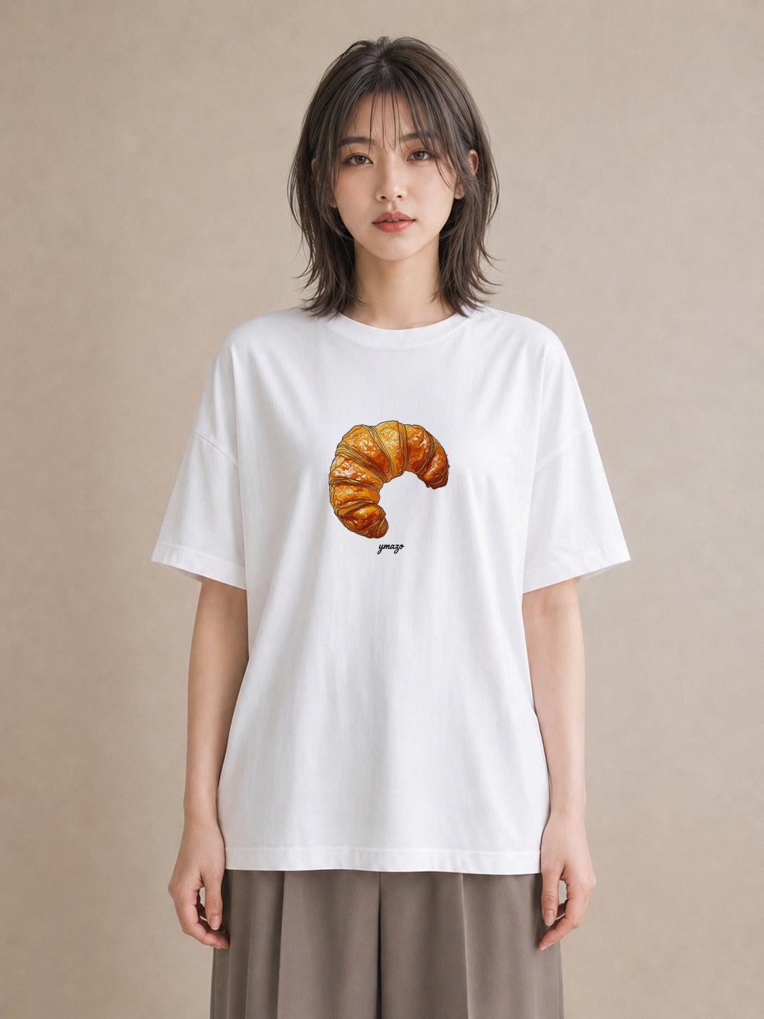 デザインTシャツ レディース クロワッサン 食べ物 フード イラスト 線画 ギフト 母の日 白T YMAZO