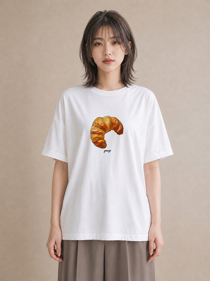 デザインTシャツ レディース クロワッサン 食べ物 フード イラスト 線画 ギフト 母の日 白T YMAZO