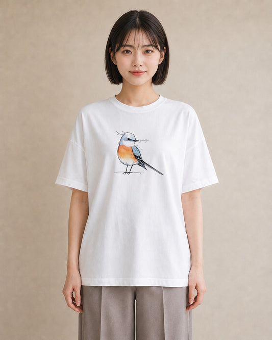 プリントTシャツ レディース 遠い家と鳥 風景 鳥 ナチュラル アンティーク イラスト 手描き風 お出かけ 普段着 白T YMAZO