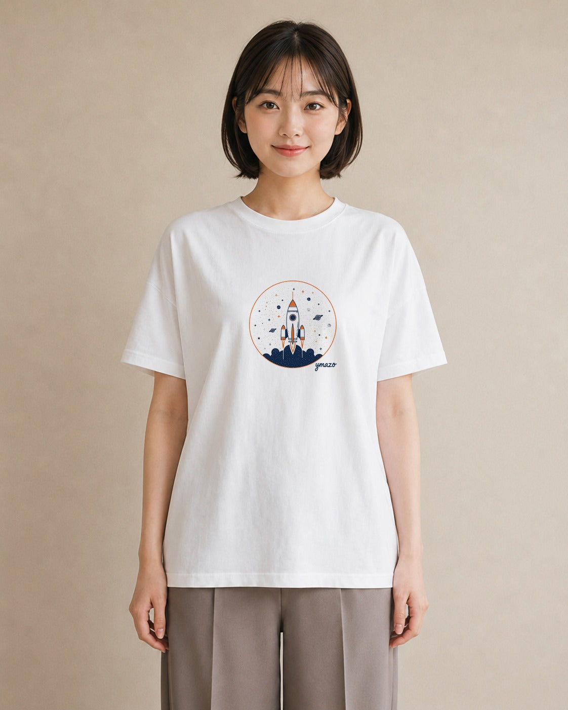 半袖Tシャツ レディース ロケット 星空 宇宙 イラスト ガーリー 買い物 夏コーデ 白T YMAZO