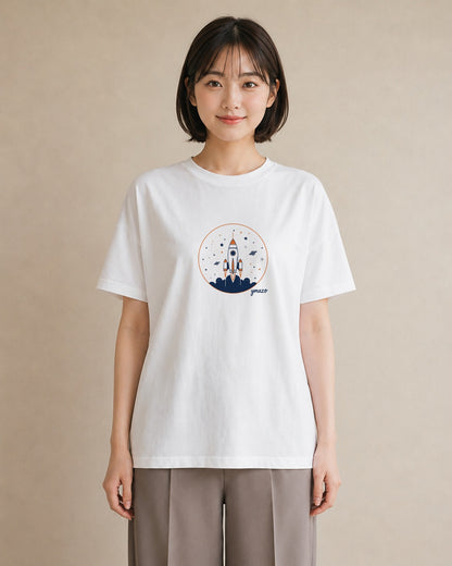 半袖Tシャツ レディース ロケット 星空 宇宙 イラスト ガーリー 買い物 夏コーデ 白T YMAZO