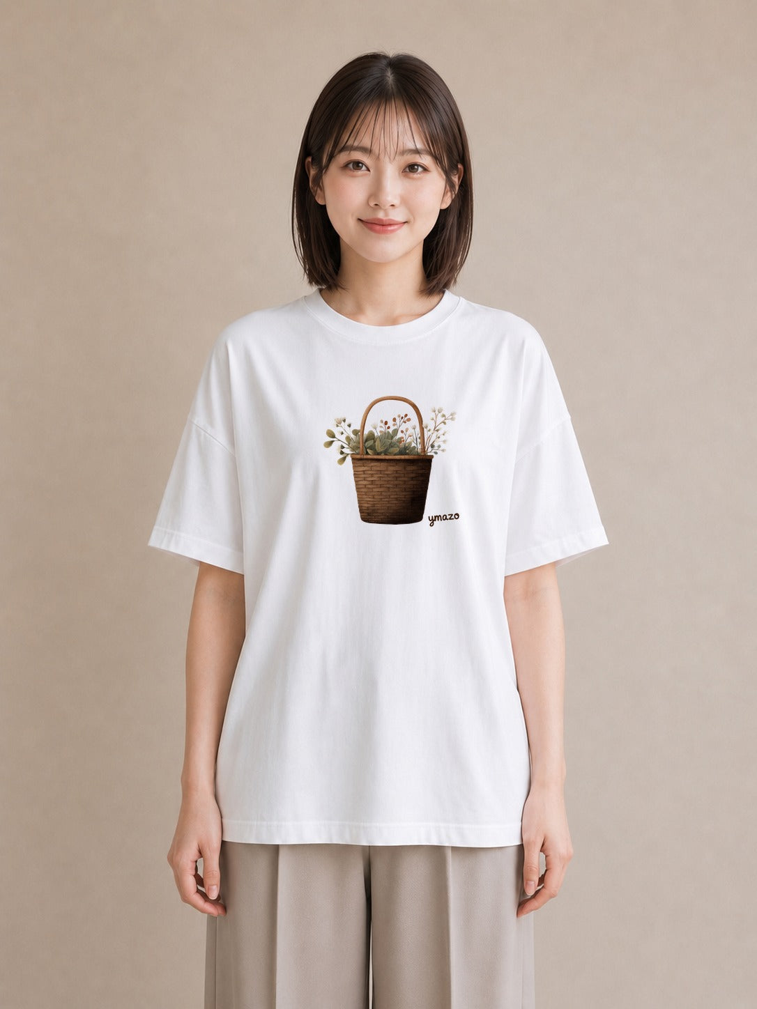 プリントTシャツ レディース 自転車のかご 自転車 花かご ナチュラル アンティーク イラスト 社会人 女性 白T YMAZO
