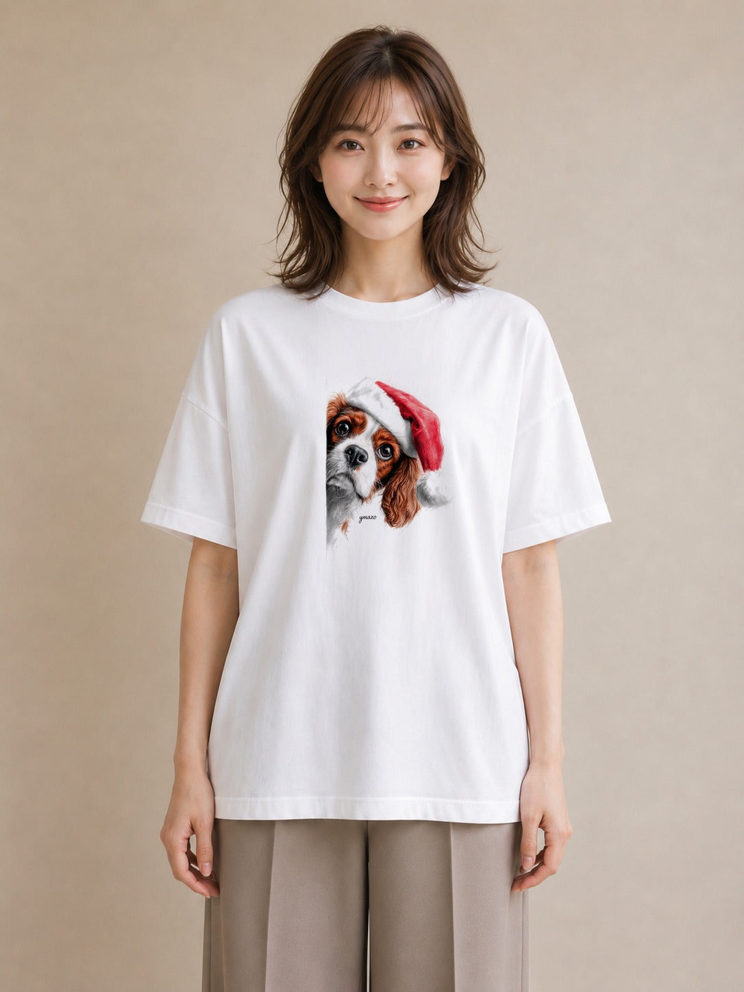 半袖Tシャツ レディース キャバリア 犬 いぬ イラスト 上品 ママ カフェ服 白T YMAZO