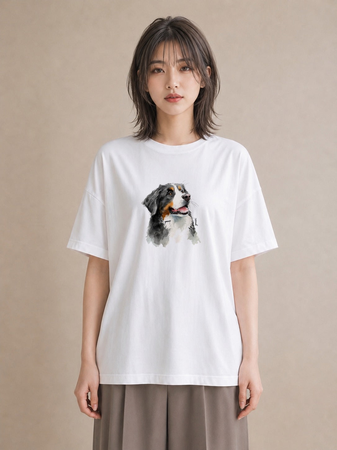 デザインTシャツ レディース バーニーズマウンテンドッグ 犬 いぬ イラスト 北欧風 ミセス 春コーデ 白T YMAZO