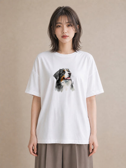 デザインTシャツ レディース バーニーズマウンテンドッグ 犬 いぬ イラスト 北欧風 ミセス 春コーデ 白T YMAZO