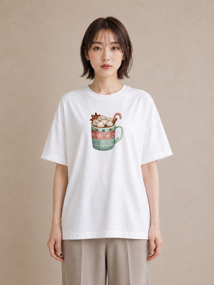 半袖Tシャツ レディース ココア 食べ物 フード イラスト カフェコーデ 送別ギフト 通勤 白T YMAZO