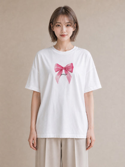 Tシャツ レディース リボン 蝶結び ナチュラル アンティーク イラスト ミニマル 春コーデ 姉妹 白T YMAZO