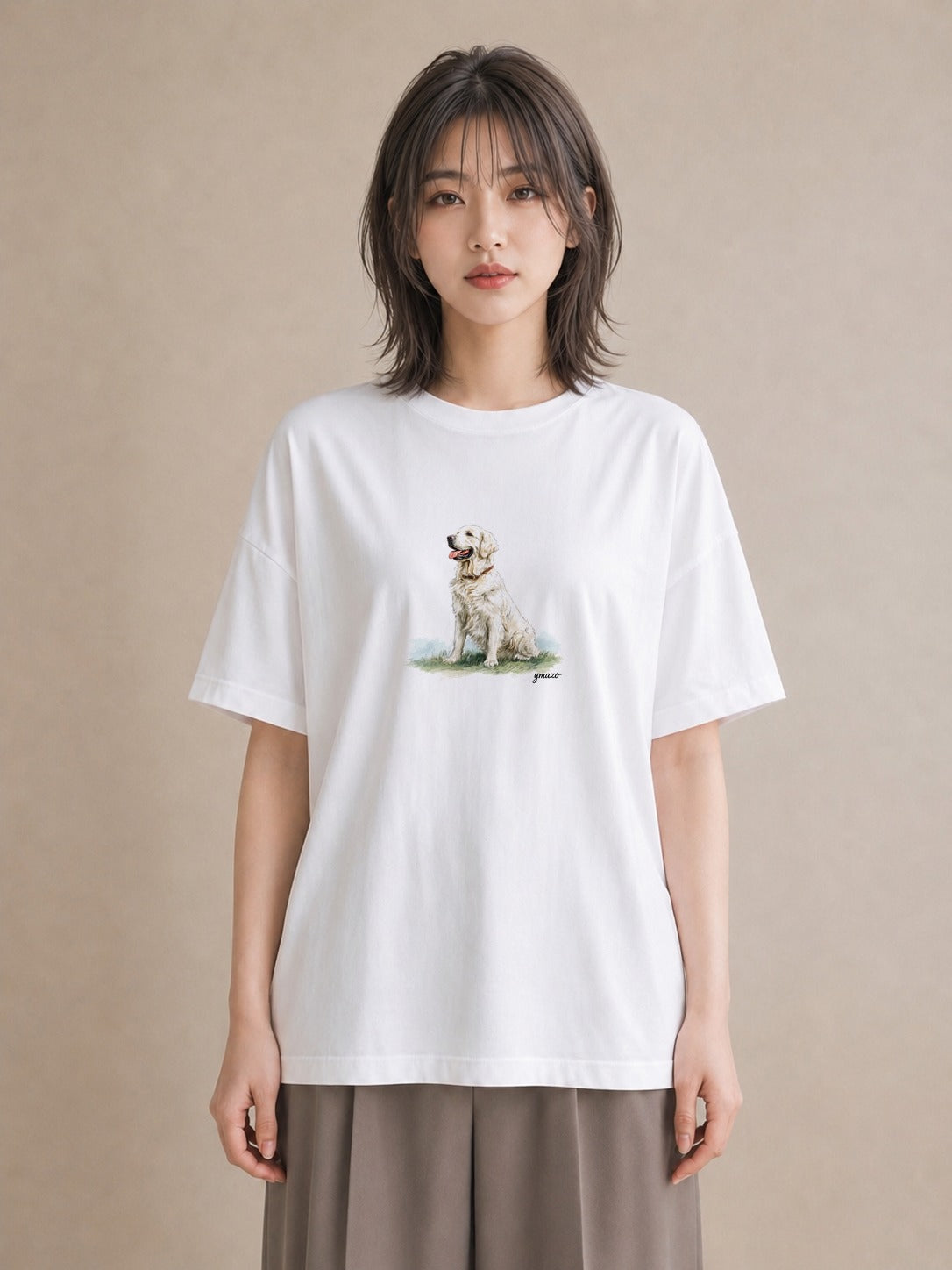 デザインTシャツ レディース ゴールデンレトリバー ゴールデン 犬 いぬ イラスト カフェコーデ レイヤード 友達ギフト 白T YMAZO
