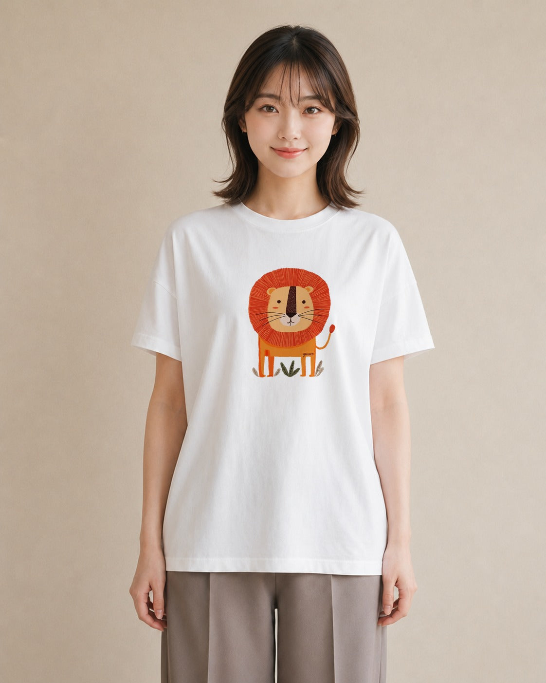 プリントTシャツ レディース ライオン 動物 アニマル イラスト 可愛い デイリーウェア 休日 白T YMAZO