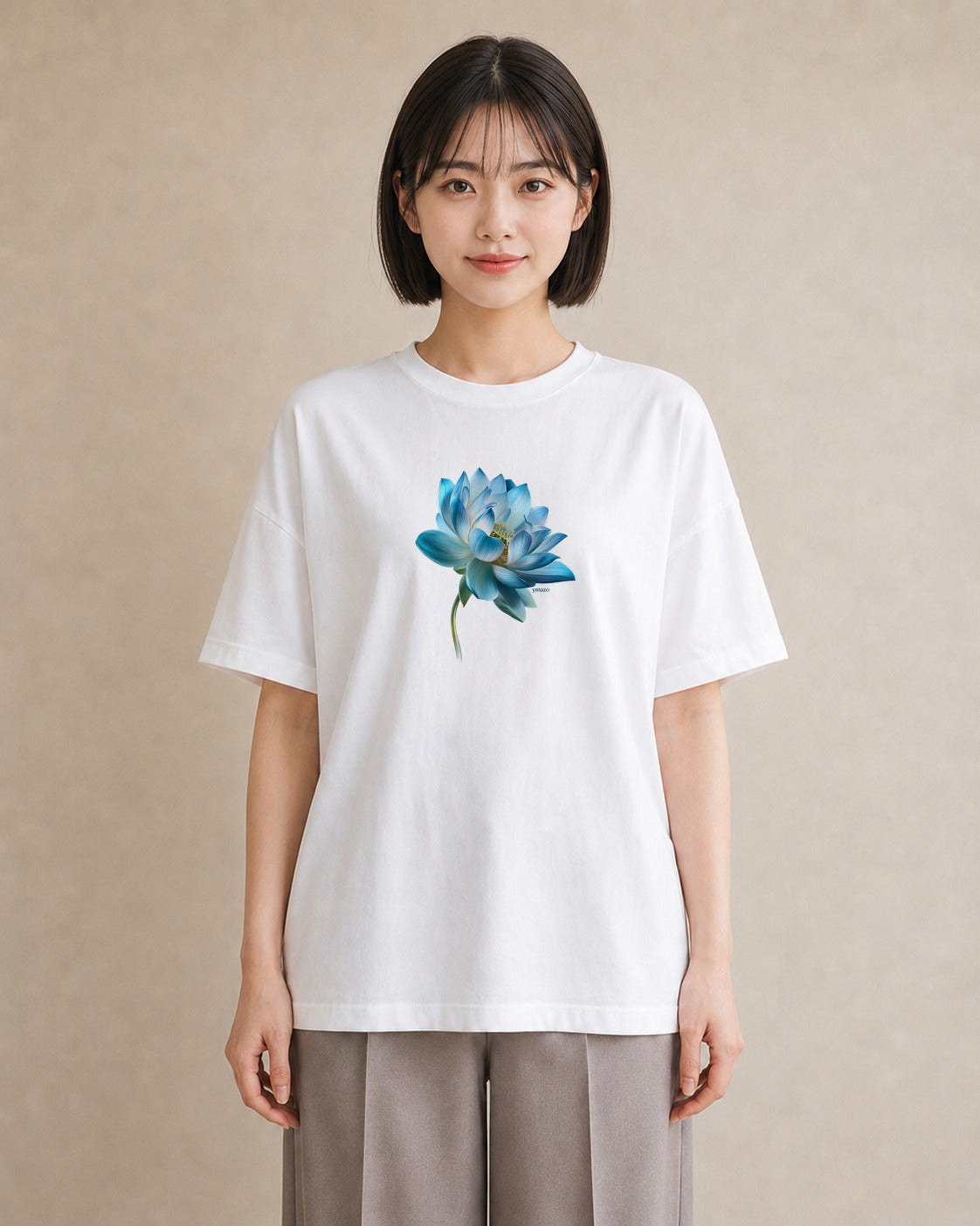 半袖Tシャツ レディース 蓮 花 花柄 イラスト モード 20代 カジュアルコーデ 白T