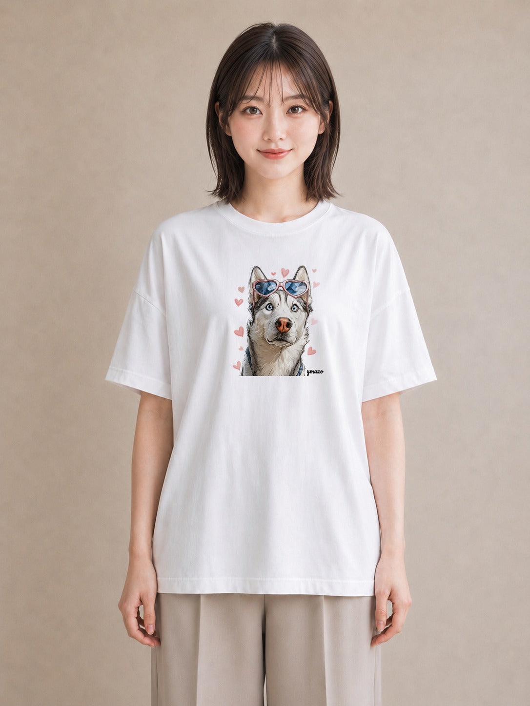 Tシャツ レディース シベリアンハスキー 犬 いぬ イラスト シック ビーチ デイリーウェア 白T YMAZO