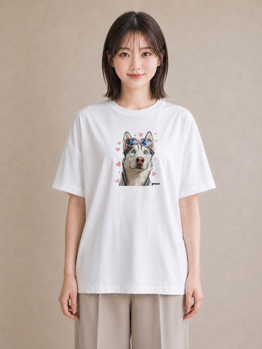 Tシャツ レディース シベリアンハスキー 犬 いぬ イラスト シック ビーチ デイリーウェア 白T YMAZO