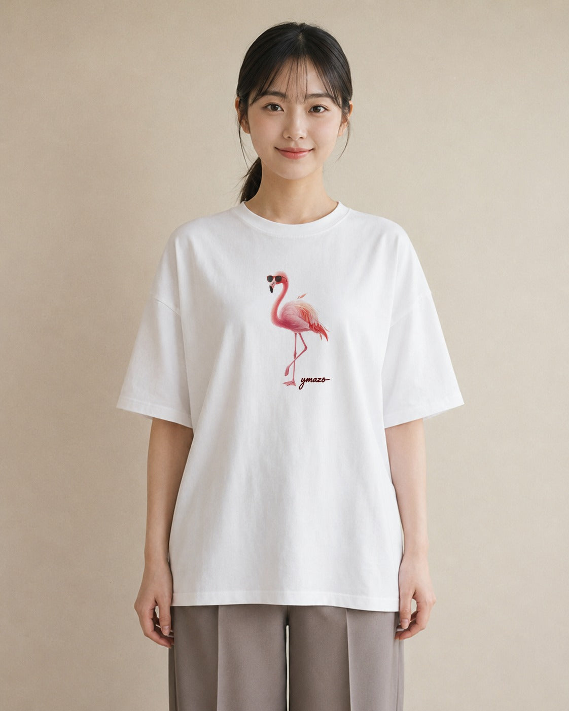 半袖Tシャツ レディース フラミンゴ 動物 アニマル イラスト シック 親子 20代 白T YMAZO