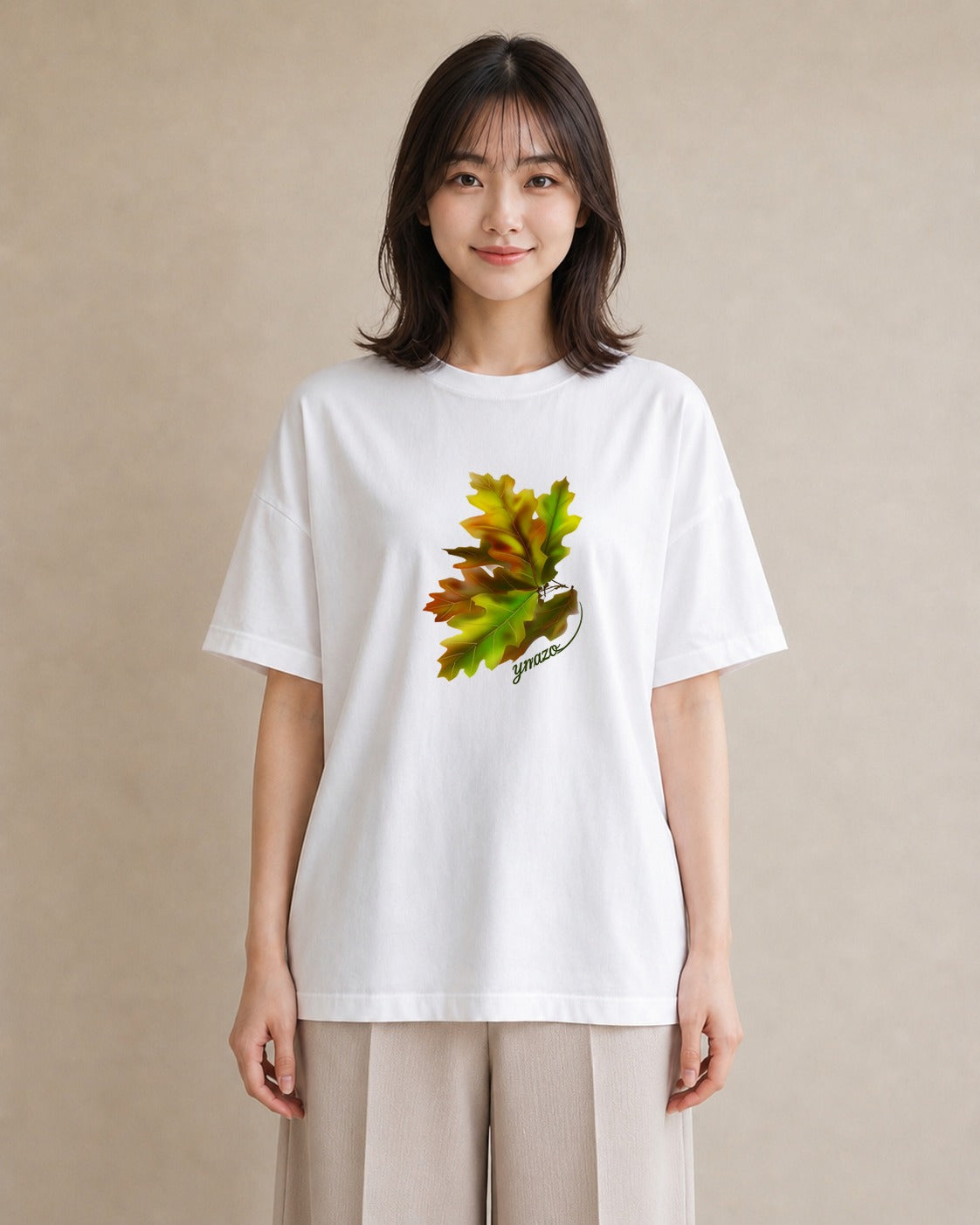 グラフィックTシャツ レディース 落ち葉 植物 ボタニカル イラスト ミセス 春コーデ 白T YMAZO