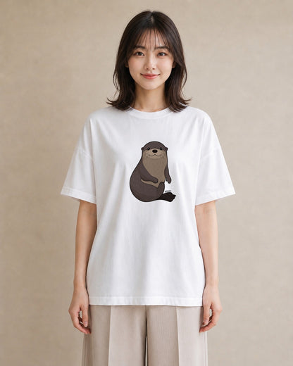 デザインTシャツ レディース ラッコ 動物 アニマル イラスト シンプル 海 カフェ巡り 白T YMAZO
