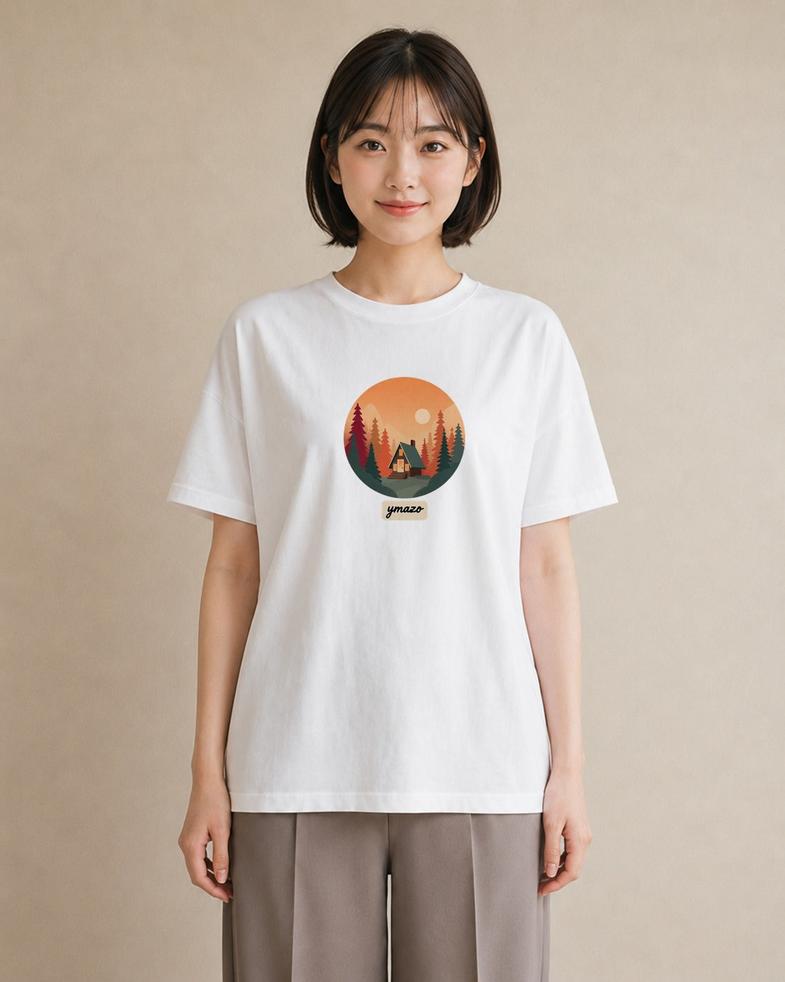 Tシャツ レディース 湖畔の小屋 湖 小屋 ナチュラル アンティーク イラスト ユニーク 旅行 母娘コーデ 白T YMAZO