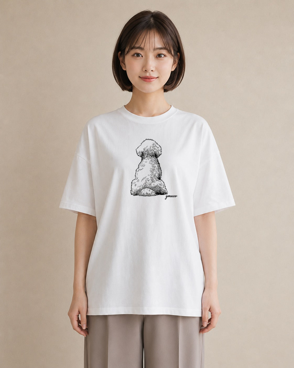 プリントTシャツ レディース ビションフリーゼ 犬 いぬ イラスト 水彩風 カジュアルコーデ 買い物 白T YMAZO
