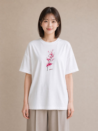 Tシャツ レディース 梅 花 花柄 イラスト レトロ 春服 ミセス 白T