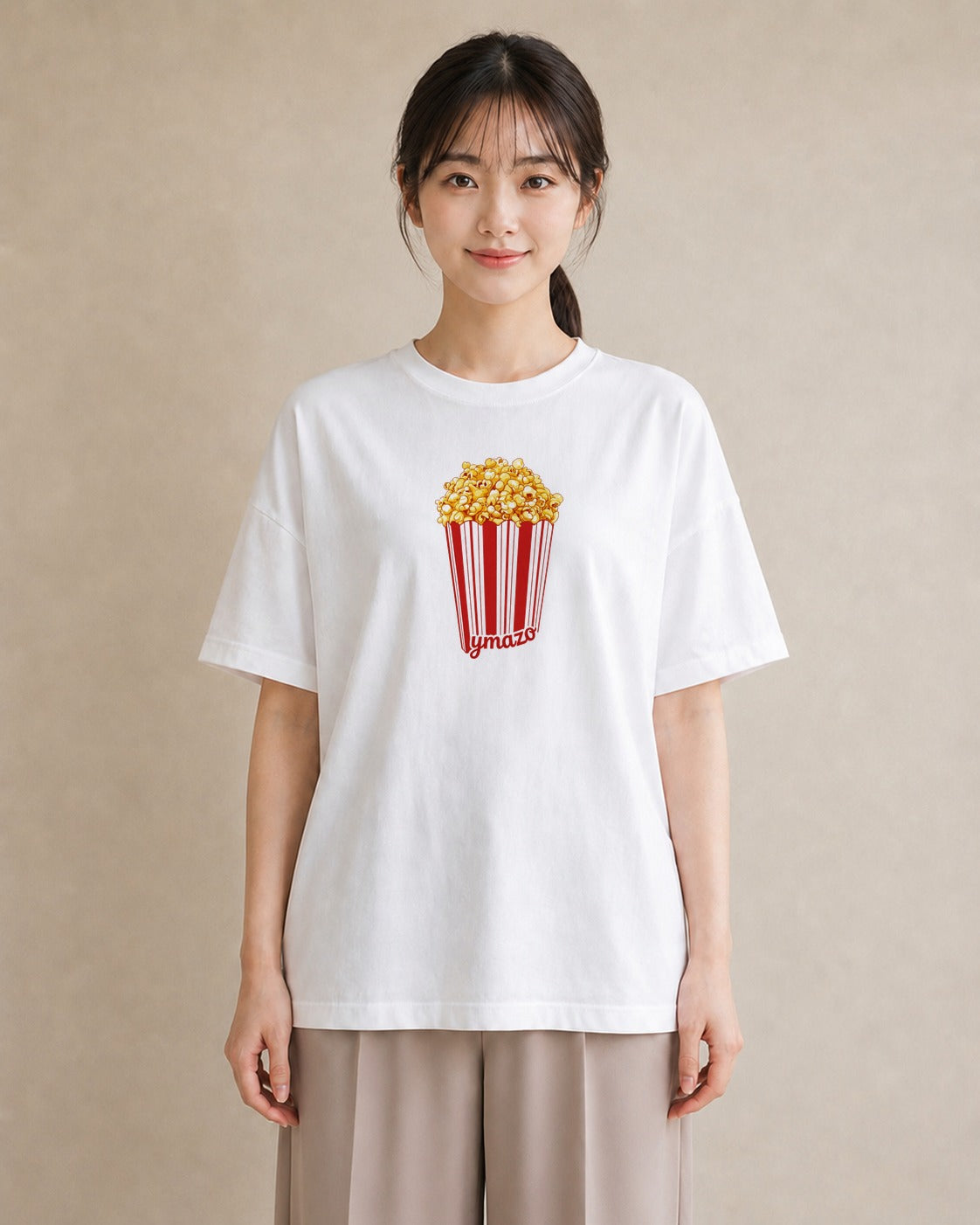 Tシャツ レディース ポップコーン 食べ物 フード イラスト 上品 春服 ミセス 白T YMAZO