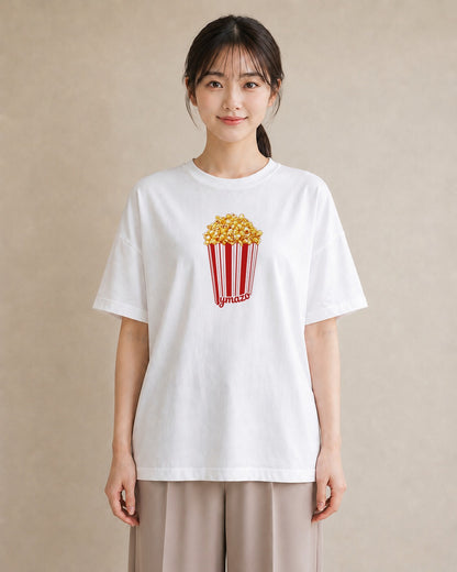 Tシャツ レディース ポップコーン 食べ物 フード イラスト 上品 春服 ミセス 白T YMAZO