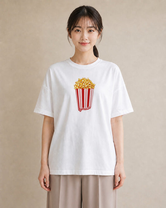 Tシャツ レディース ポップコーン 食べ物 フード イラスト 上品 春服 ミセス 白T YMAZO