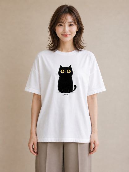 グラフィックTシャツ レディース 黒猫 猫 ねこ イラスト 上品 クリスマス 旅行 白T YMAZO