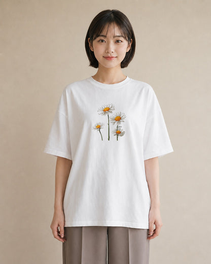 半袖Tシャツ レディース マーガレット 花 花柄 イラスト 淡色 帰省 ラフ 白T