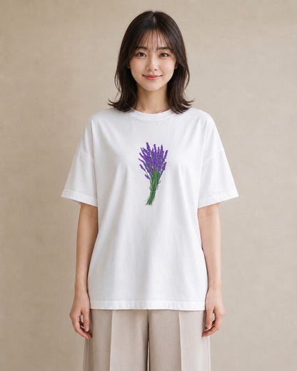 デザインTシャツ レディース ラベンダー 花 花柄 イラスト 個性的 カフェ服 クリスマス 白T