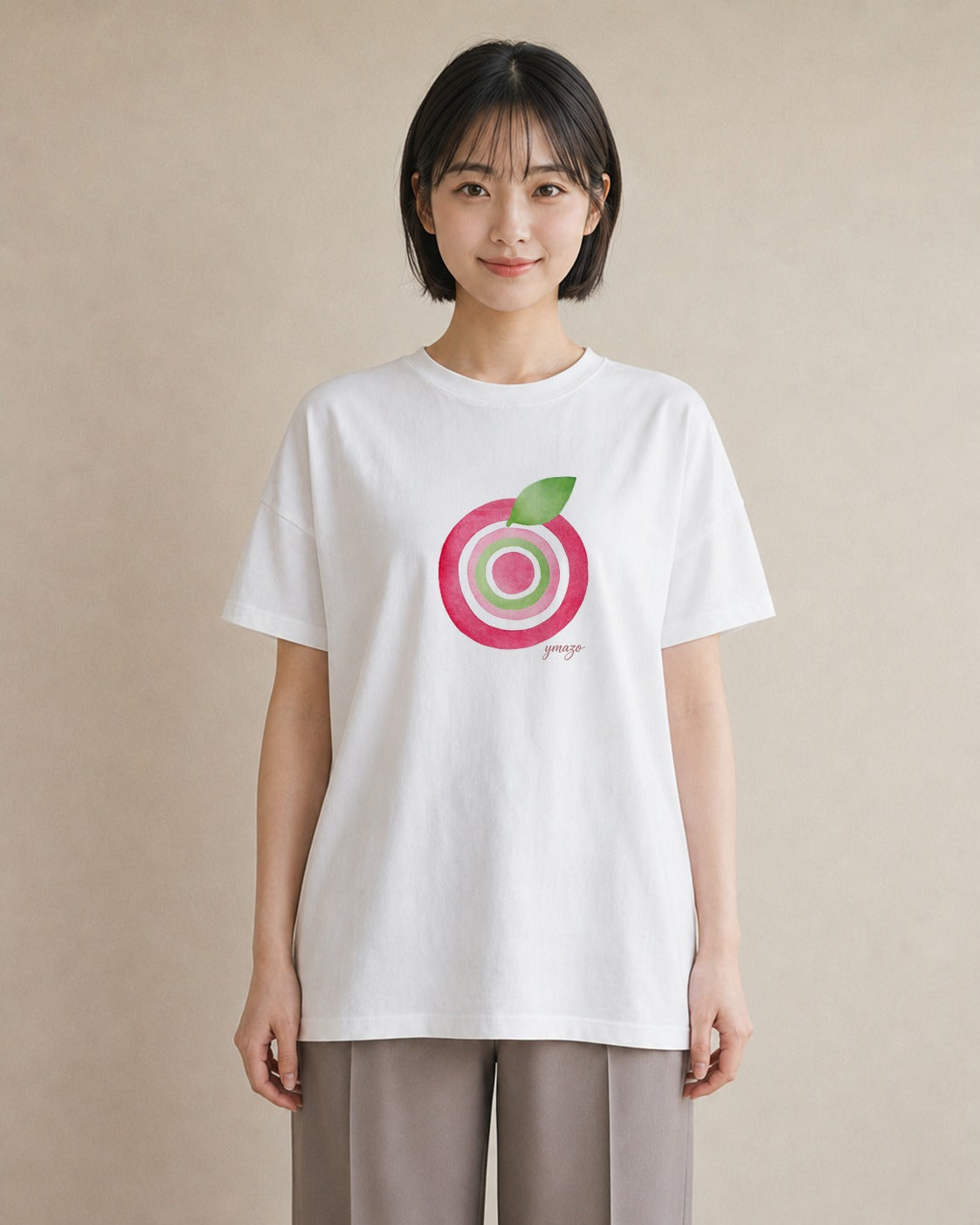 プリントTシャツ レディース りんご 林檎 アップル 食べ物 フード イラスト 韓国風 春服 ミセス 白T YMAZO