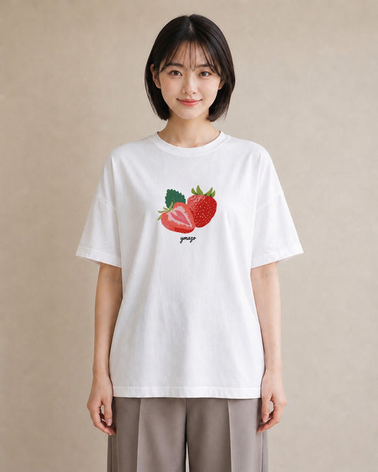 Tシャツ レディース いちご 苺 ストロベリー 食べ物 フード イラスト ニュアンス 親子 20代 白T YMAZO