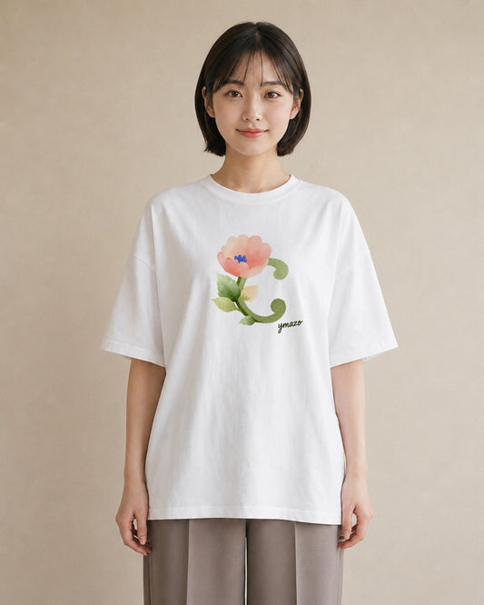 プリントTシャツ レディース パンジー 花 花柄 イラスト アート風 普段着 週末コーデ 白T YMAZO