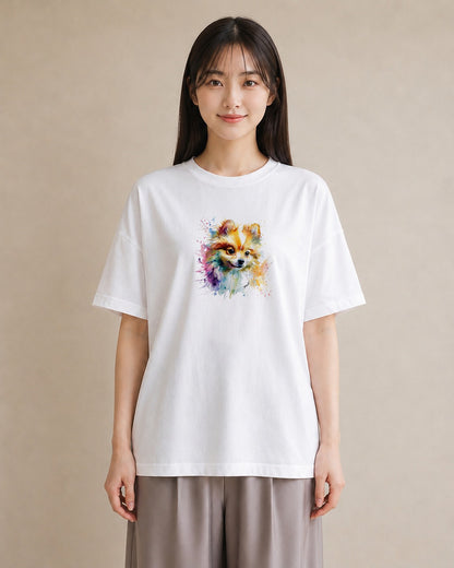 プリントTシャツ レディース ポメラニアン ポメ 犬 いぬ イラスト 淡色 お出かけ 普段着 白T YMAZO