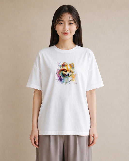 プリントTシャツ レディース ポメラニアン ポメ 犬 いぬ イラスト 淡色 お出かけ 普段着 白T YMAZO