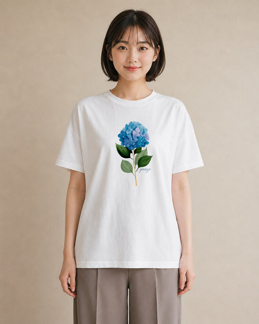 グラフィックTシャツ レディース あじさい 紫陽花 アジサイ 花 花柄 イラスト 旅行コーデ ママ カフェ服 白T YMAZO