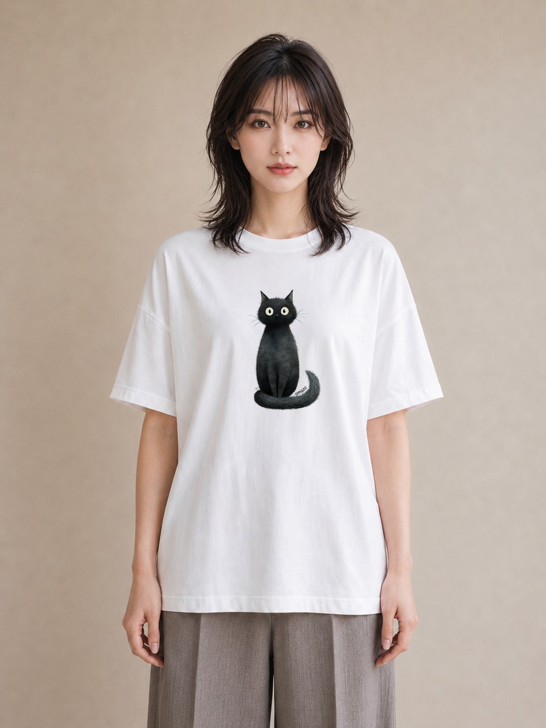 デザインTシャツ レディース 黒猫 猫 ねこ イラスト ナチュラル ママ カフェ服 白T YMAZO
