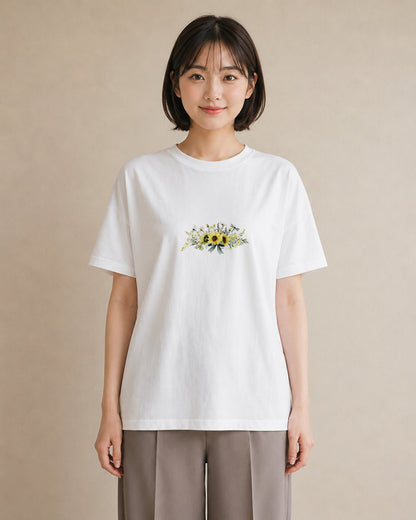 Tシャツ レディース ひまわり 向日葵 花 花柄 イラスト 可愛い 公園 ママ 白T YMAZO