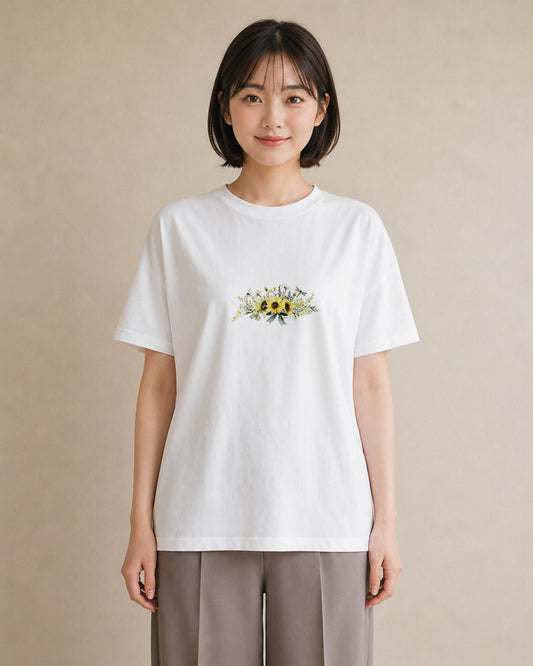 Tシャツ レディース ひまわり 向日葵 花 花柄 イラスト 可愛い 公園 ママ 白T YMAZO