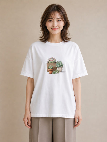 半袖Tシャツ レディース 多肉植物 植物 ボタニカル イラスト レトロ 夏コーデ 通学 白T YMAZO