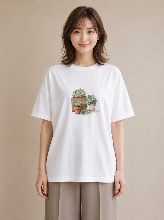 半袖Tシャツ レディース 多肉植物 植物 ボタニカル イラスト レトロ 夏コーデ 通学 白T YMAZO