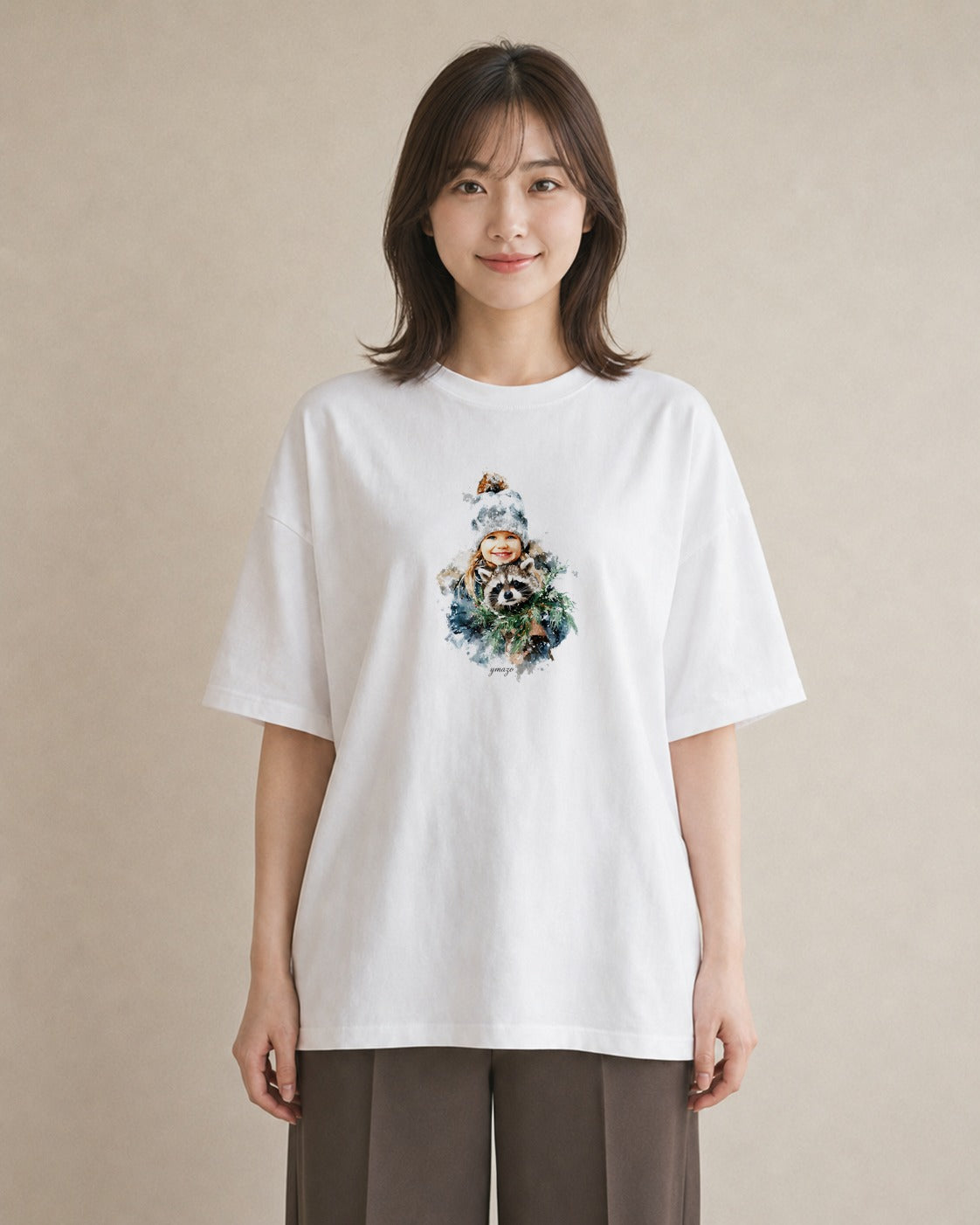 半袖Tシャツ レディース たぬき 動物 アニマル イラスト シック お揃い 親子 白T YMAZO