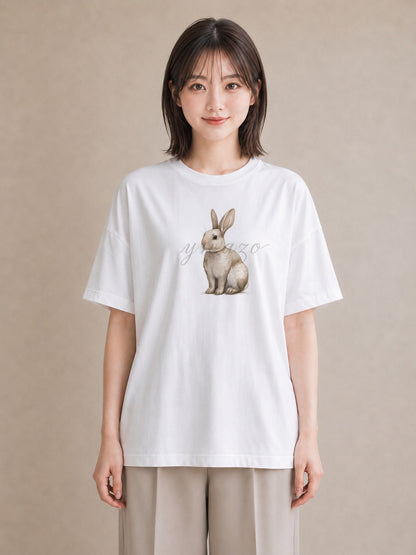 デザインTシャツ レディース ウサギ系野生 動物 アニマル イラスト ナチュラル 誕生日プレゼント 綿100 白T YMAZO