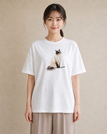 グラフィックTシャツ レディース エキゾチックショートヘア 猫 ねこ イラスト ニュアンス レイヤード 友達ギフト 白T YMAZO