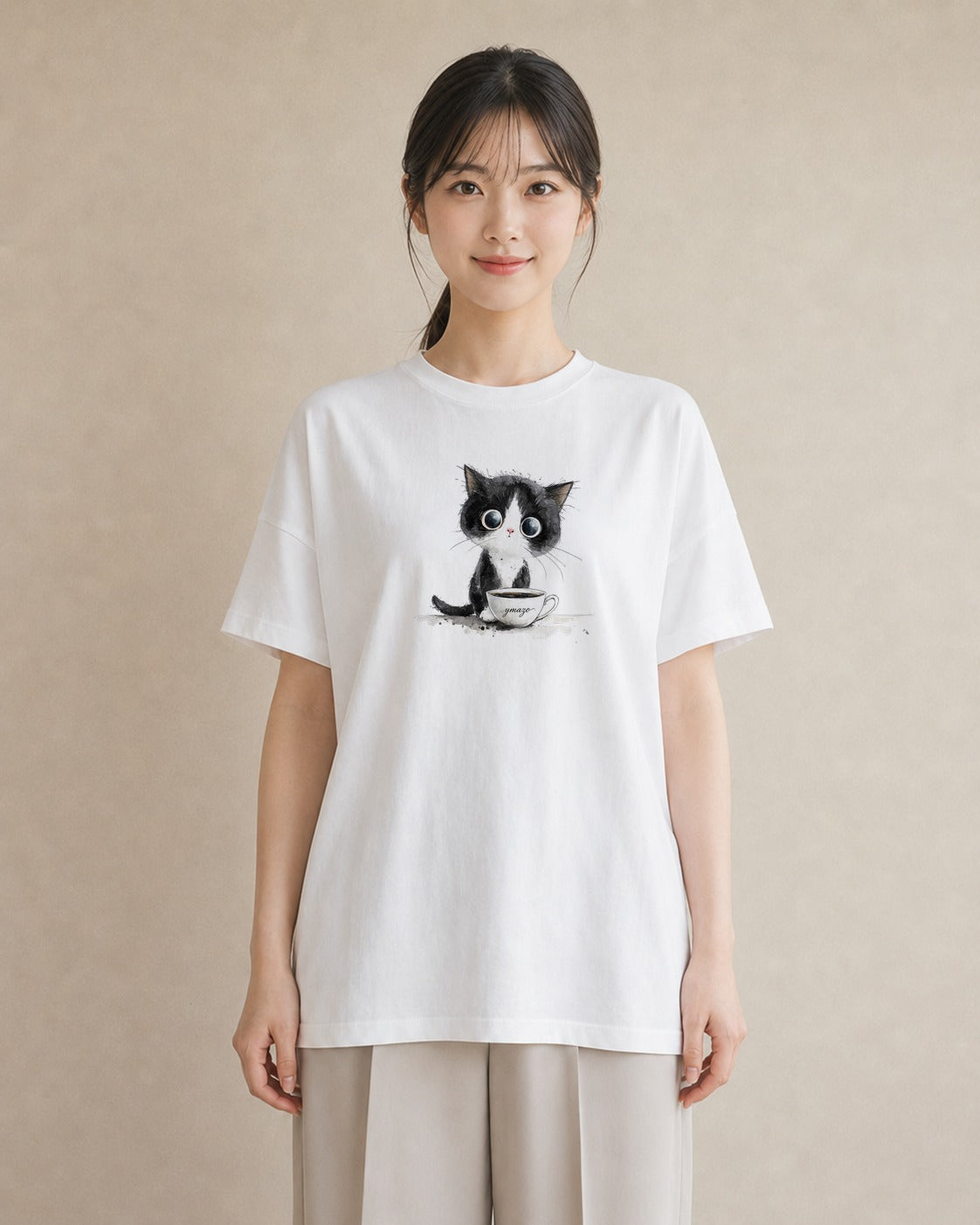 半袖Tシャツ レディース ハチワレ 白黒猫 猫 ねこ イラスト 抜け感 週末コーデ 敬老の日 白T YMAZO