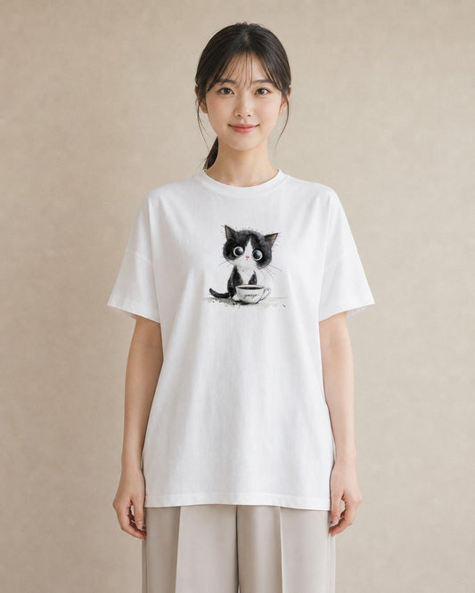半袖Tシャツ レディース ハチワレ 白黒猫 猫 ねこ イラスト 抜け感 週末コーデ 敬老の日 白T YMAZO