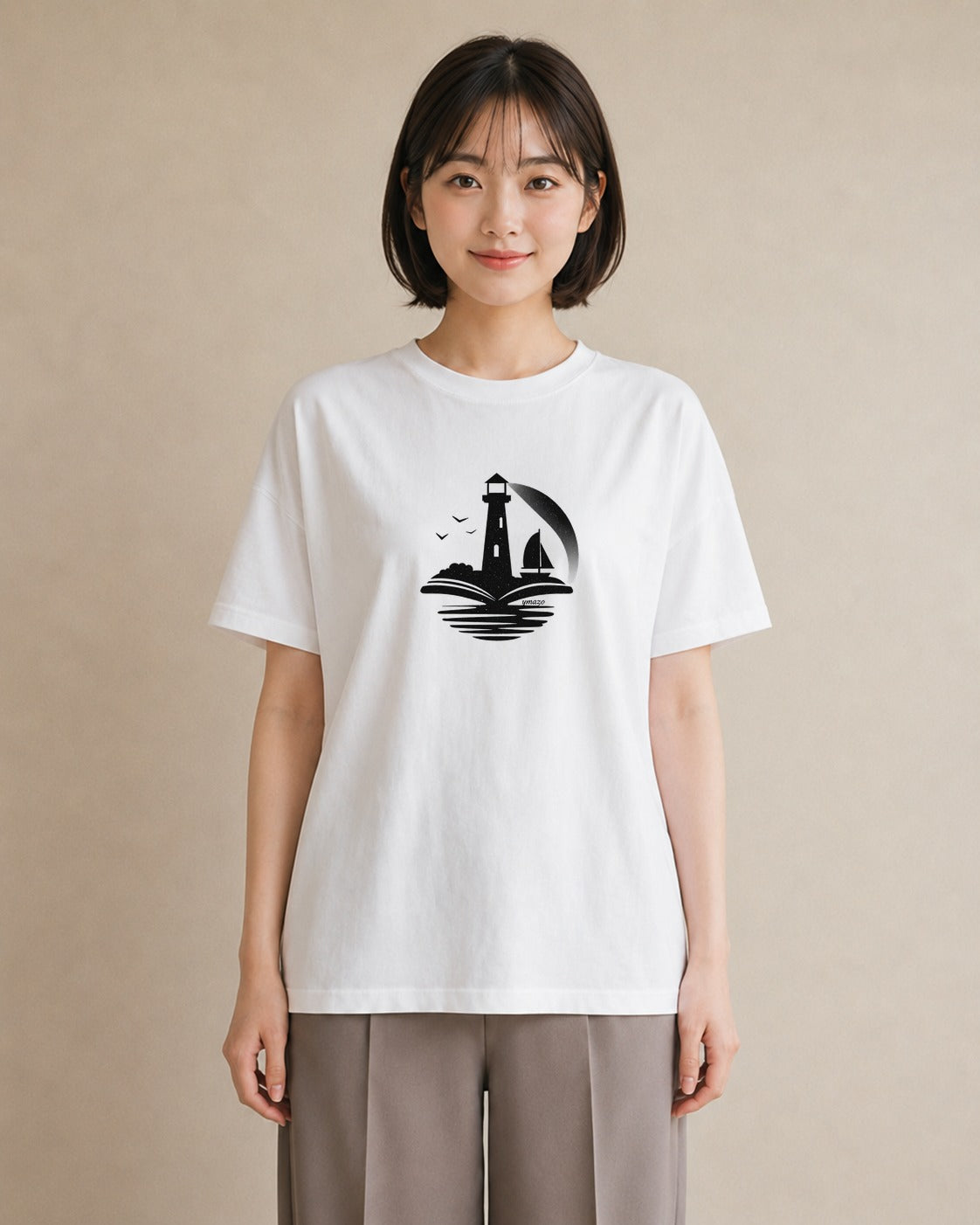 グラフィックTシャツ レディース 灯台 霧 海 ナチュラル アンティーク イラスト 個性的 ホワイトデー 春服 白T YMAZO