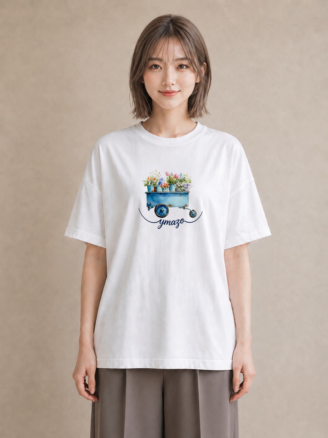 半袖Tシャツ レディース 自転車のかご 自転車 花かご ナチュラル アンティーク イラスト ボタニカル 20代 カジュアルコーデ 白T YMAZO