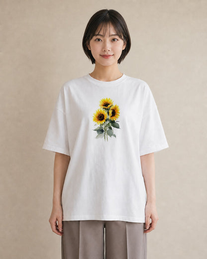 デザインTシャツ レディース ひまわり 向日葵 花 花柄 イラスト こなれ感 秋コーデ おしゃれギフト 白T