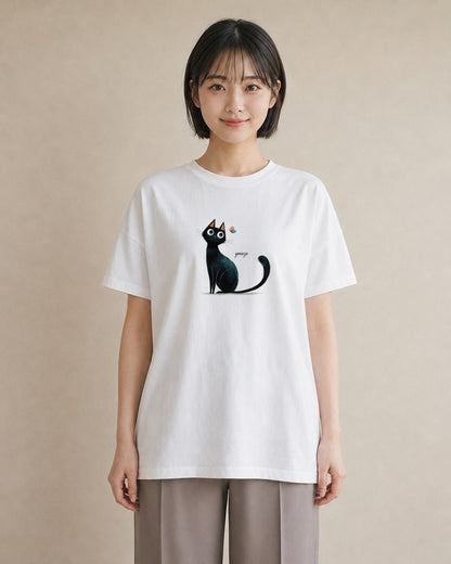 半袖Tシャツ レディース 黒猫 猫 ねこ イラスト ユニーク 20代 カジュアルコーデ 白T YMAZO