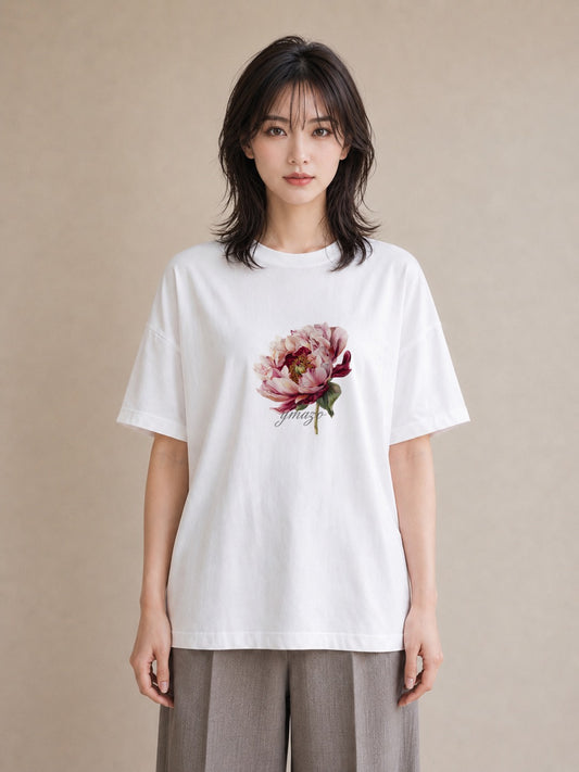 半袖Tシャツ レディース 牡丹 花 花柄 イラスト ゆるコーデ デイリーウェア 休日 白T YMAZO