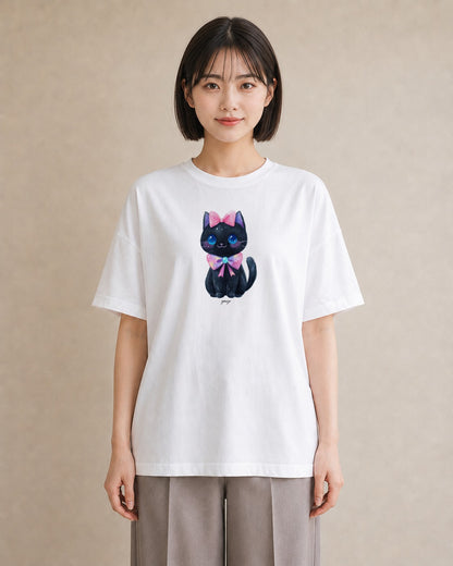 プリントTシャツ レディース 黒猫 猫 ねこ イラスト 線画 公園 ママ 白T YMAZO